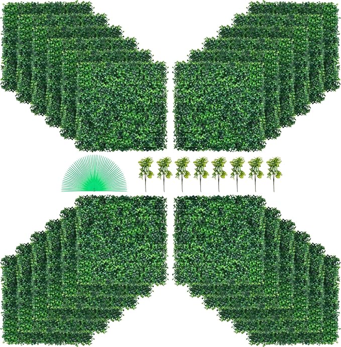 VEVOR Artificial Boxwood Panel, 24pcs 20 x 20 in, 1.6 in Sun Protected Boxwood Hedge Wall Panels, Green Fake Grass Wall for Privacy Fence Decor Indoor Outdoor Garden Backyard