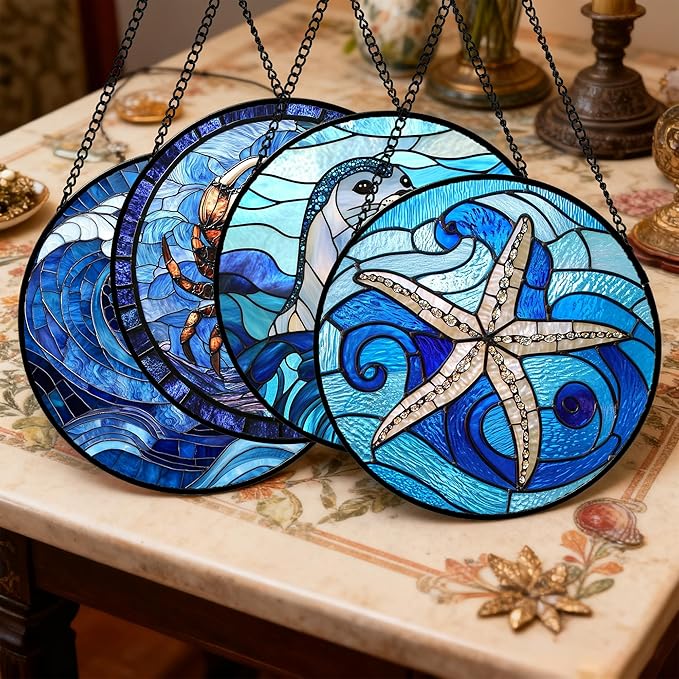 DASTOLL Stained Glass Window Hanging 4 Pcs Set Blue Ocean Waves 9.8" - Starfish Crab Seal Suncatcher Door Garden Sun Catcher Decor Birthday for Mom Woman Nana Men Friend