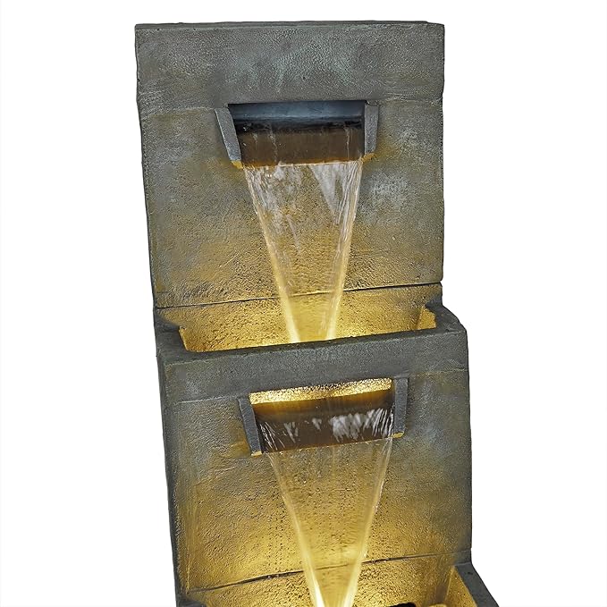 Alpine Corporation 40" Tall Two-Tier Modern Polystone Floor Fountain with Warm White LED Lightsl, Gray