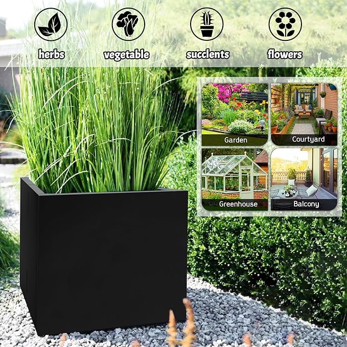 TISUWING Galvanized Steel Rectangular Planter, 16"x 12"x 12" Small Planters for Outdoor Plants, Black Outdoor Planter with Drainage Holes
