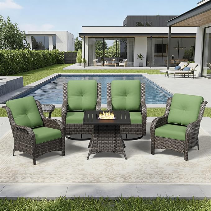 Joyside 6 Piece Wicker Patio Furniture Set with Fire Pit Table, Rattan Patio Chairs with High Back, Deep Seating, Wide Armrest, Thickened Cushions, Outdoor Furniture for Deck, Porch Use
