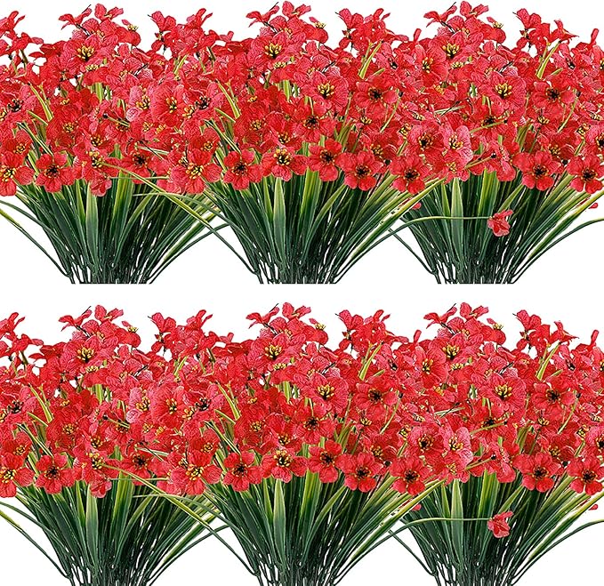 JEMONG 20 Bundles Artificial Flowers Outdoor UV Resistant Fake Flowers No Fade Faux Plastic Plants Garden Porch Window Box Decorating (Deep Red)…