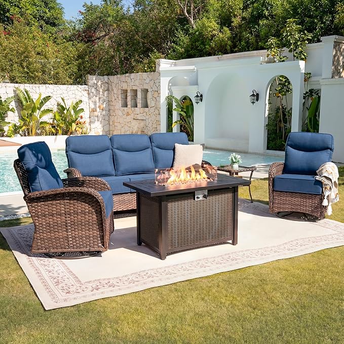 Belord Upgraded 6“ Cushion Luxury 5 Piece Patio Furniture Set with Fire Pit Table - Outdoor Furniture Set with High Back Swivel Rocker Patio Chairs, Conversation Set for Deck Porch Yard - Brown/Blue