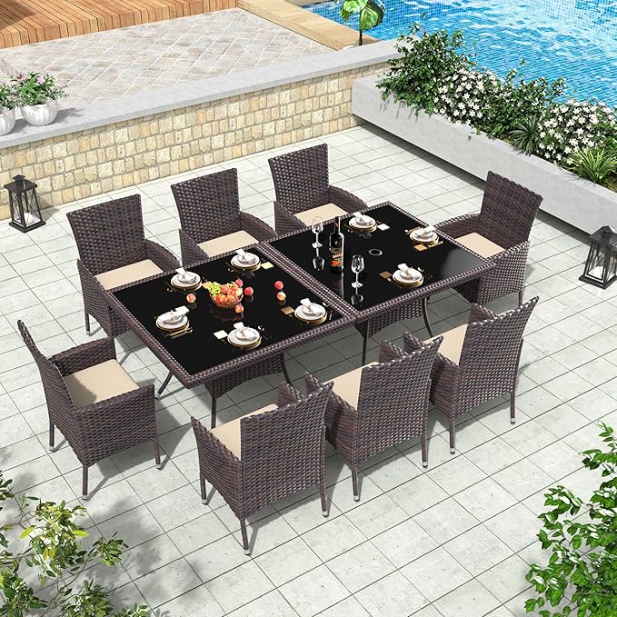 10 Piece Outdoor Dining Set,Rattan Patio Conversation Set of 8 Chairs,Patio Dining Table and Chairs w/Cushions,Square Glass Tabletop,Umbrella Cutout for Patio,Sand