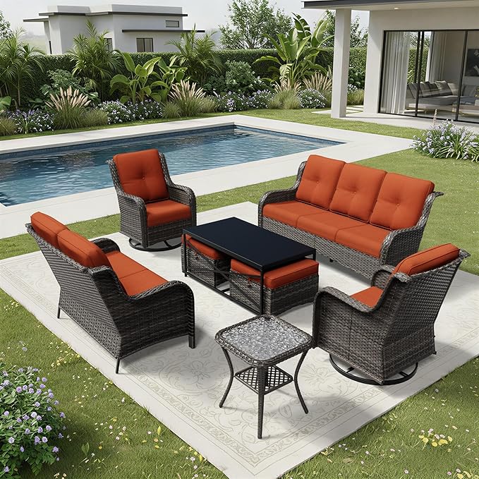 Joyside 8 Piece Wicker Patio Furniture Set, Outdoor Swivel Rocker Patio Chairs with High Back, Deep Seating, Wide Armrest, Thickened Cushions, Outdoor Furniture for Deck, Porch Use