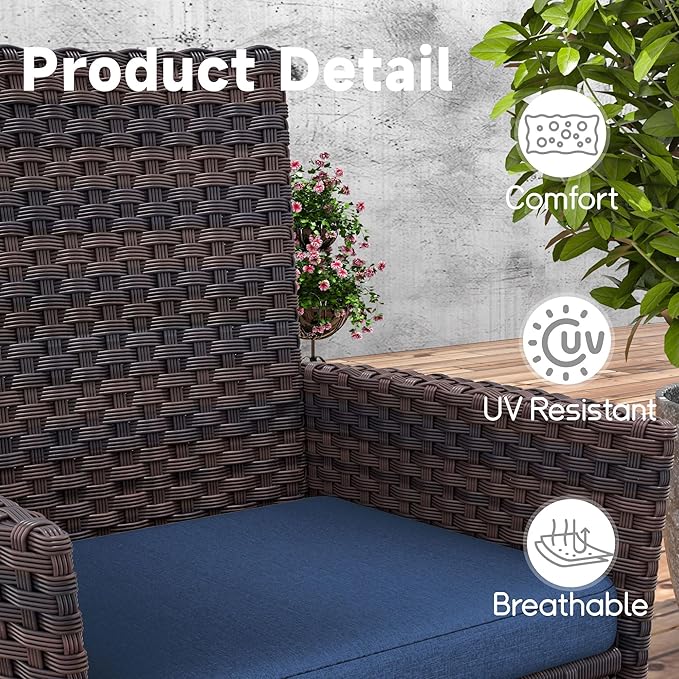 15 Piece Outdoor Dining Set,Rattan Patio Conversation Set of 12 Chairs,Patio Dining Table and Chairs w/Cushions,Square Glass Tabletop,Umbrella Cutout for Patio,NavyBlue
