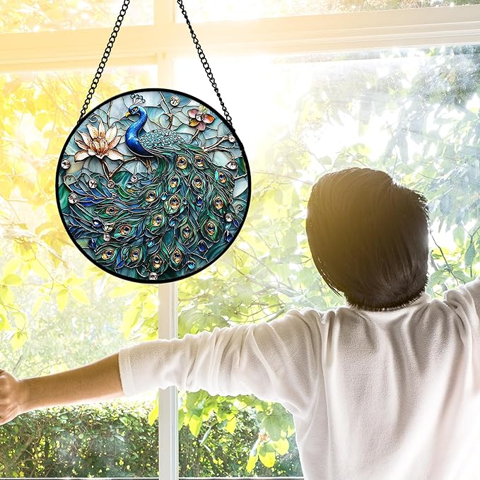 Stained Glass Window Hanging, Blue Peacock Decoration Suncatcher for Door Garden Home Flower Bird Sun Catchers Christmas Mother's Day Birthday Gifts for Women Men Mom Nana Friend 6.3 in