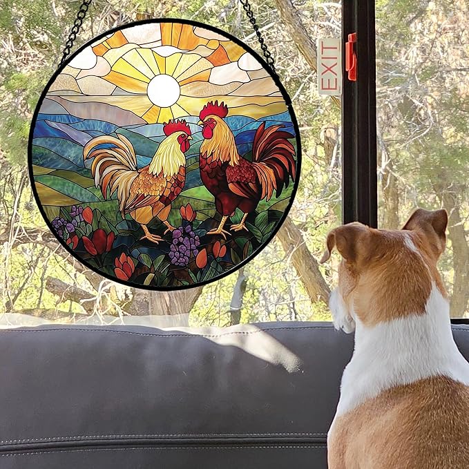 Stained Glass Window Hanging, Countryside Scenery Chicken Sun Catcher for Door Home Decor Sunrise Suncatcher Christmas Mother's Day Birthday Gifts for Women Men Mom Nana 7.8 in