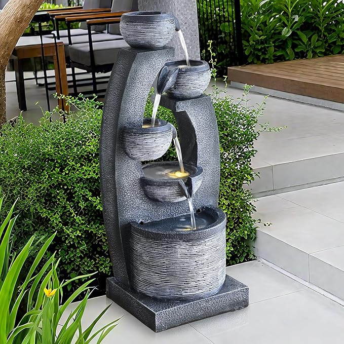 Qingyinge 33' H Modern Outdoor Fountain Resin Outdoor Garden Fountains with Contemporary Design LED Light for Garden, Patio, Deck, Porch, Backyard and Home Art Decor