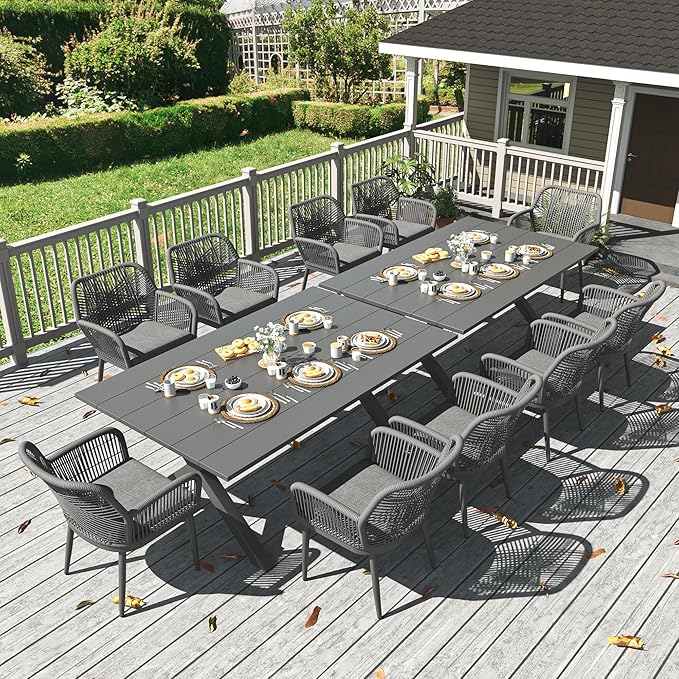 LayinSun Outdoor Dining Set for 10, 12 Pieces Patio Furniture Sets with Aluminum Dining Table and Rope Weave Chairs