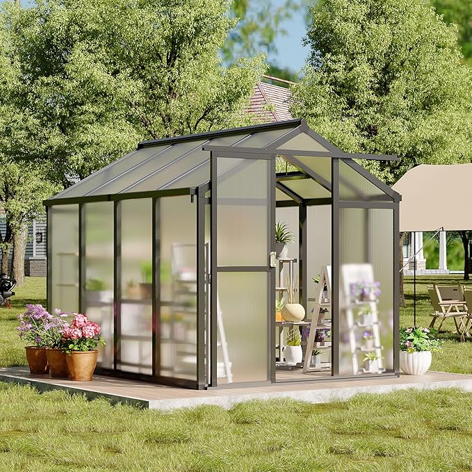 6x8 FT Greenhouse, Easy Assembly Aluminum Polycarbonate Greenhouses for Outdoors with Roof Vent, Large Aluminum Walk-in Greenhouse for Sunroom Patio, Backyard, Garden, Sliding Lockable Door, Black