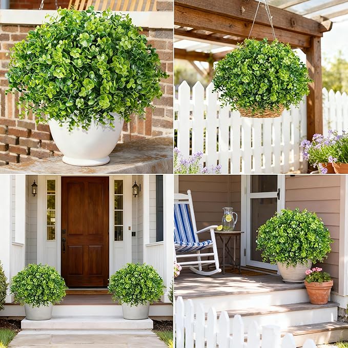 Artificial Faux Outdoor Plants for Spring Summer Decoration, 12 Bundles Fake Plastic Eucalyptus UV Resistant Look Real Fake Plants for Planter Outside Front Door Porch Patio Balcony Garden Indoor Yard