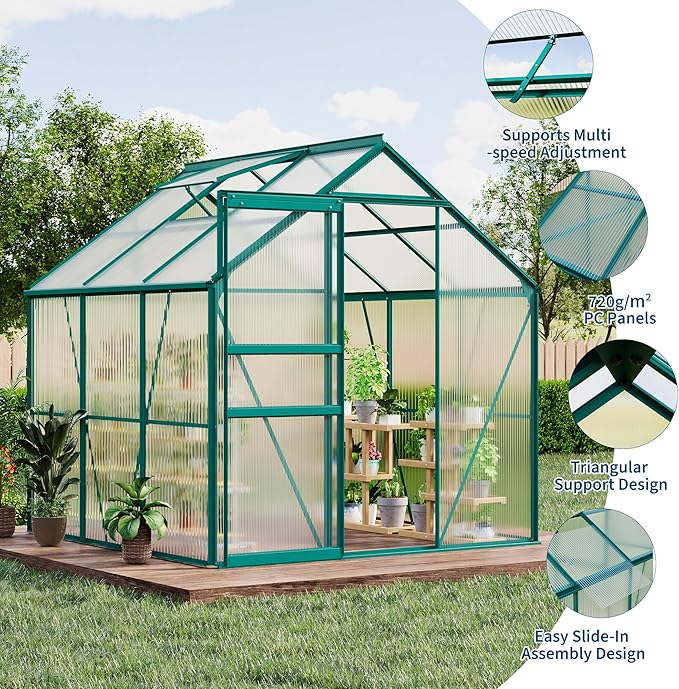 GarveeHome 6 x 6 FT Polycarbonate Greenhouse, Winter Greenhouses for Outdoors with Aluminum Frame, Sliding Door, Adjustable Roof Vent, Backyard Green Houses, Patio Garden, Green