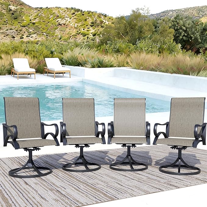 Patio Swivel Chairs Set of 4, All-Weather Metal Outdoor Dining Set with Breathable Mesh Seat, Lightweight Swivel Bistro Chairs for Garden, Deck, Porch, Ash Brown