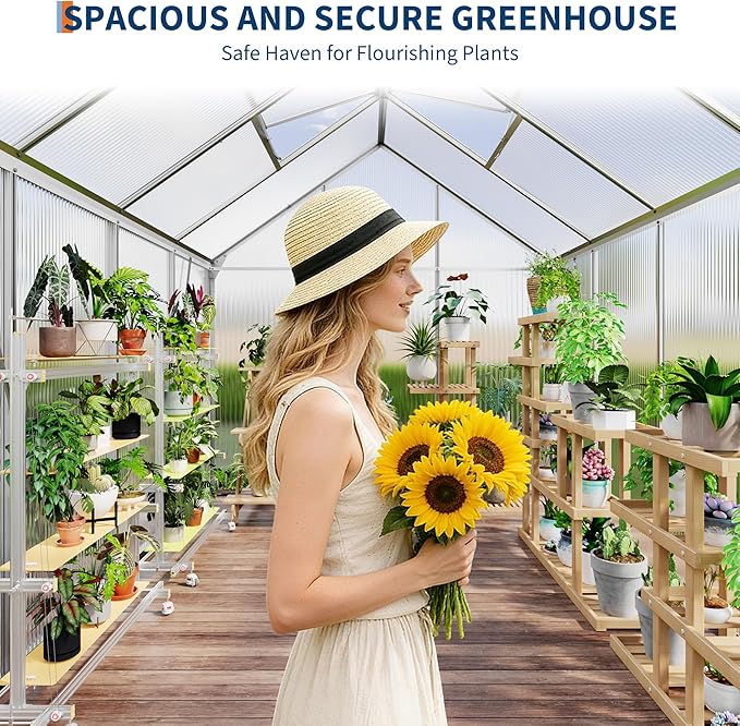 GAOMON 6 x 8 FT Polycarbonate Greenhouse - Winter Greenhouses for Outdoors, Aluminum Frame, Sliding Door, Adjustable Roof Vent, Backyard Green Houses, Silver