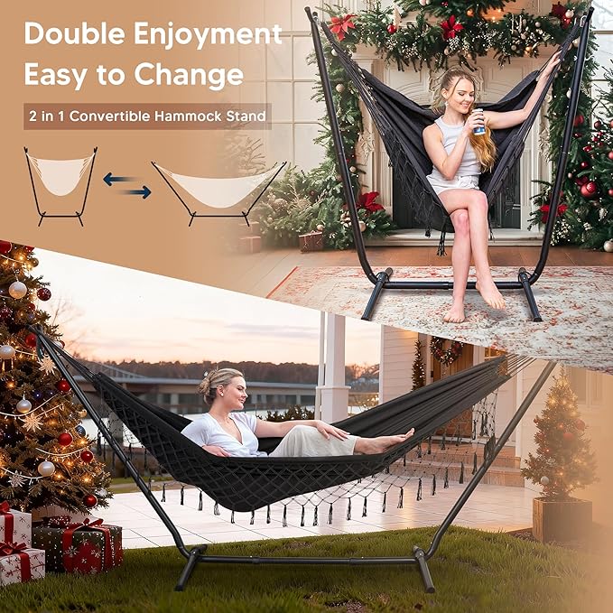 SUNCREAT 2-in-1 Hammocks Convertible Portable Double Hammock with Stand Included, Outdoor Hammock and Stand, Patented, Dark Grey with Tassel