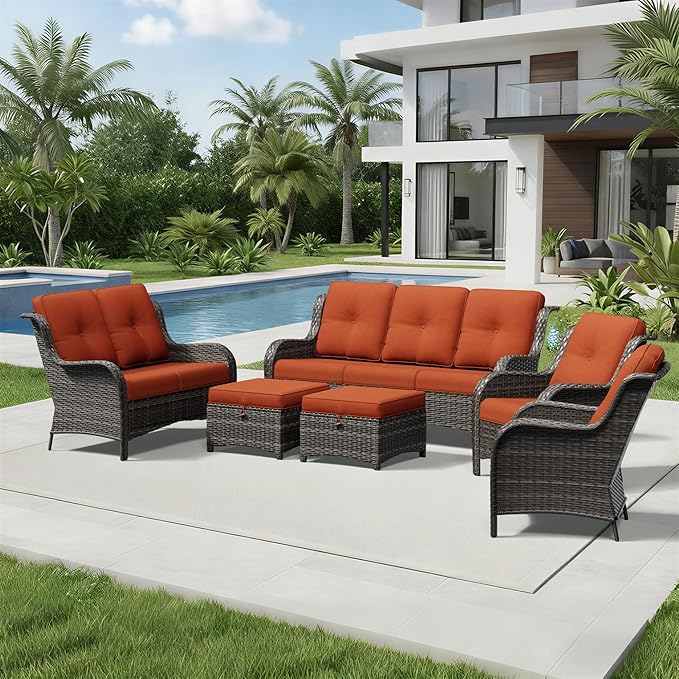 Joyside 6 Piece Wicker Patio Furniture Set, Rattan Patio Chairs with High Back, Deep Seating, Wide Armrest, Thickened Cushions, Outdoor Furniture for Deck, Porch Use