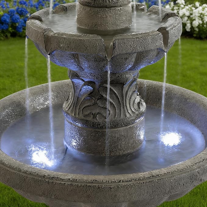52" H 3-Tier Outdoor LED Garden Fountain, Large Floor Standing Cascading Waterfall with Bubbler Design, Resin Water Feature for Patio Yard Garden, Gray
