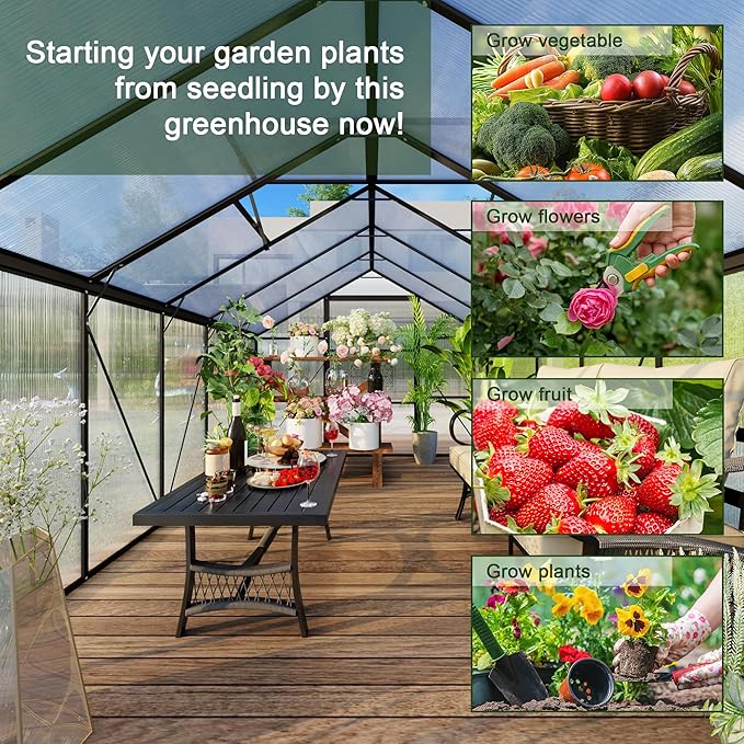 8X12 FT Polycarbonate Greenhouse, 6 FT Height Aluminum Large Green Houses for Outside Heavy Duty, Quick Setup Walk in Greenhouses with 2 Roof Vent and Rain Gutter for Outdoor, Black (143"Wx96"Dx77"H)