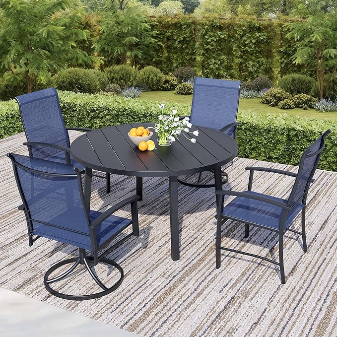 5 Pieces Outdoor Table and Chairs for 4, 42" Black Round Table with 2 Blue Swivel and 2 Big Chairs, Patio Dining Set with Swivel Chair