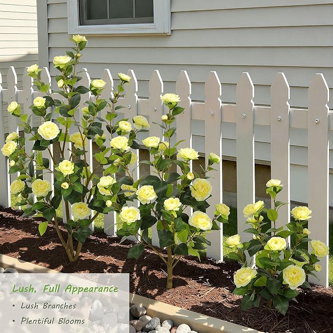 Nafresh 2FT Lush Artificial Yellow Camellia Tree Outdoor 2 Pack, 24inch Faux Camellia Plant, Fake Camellia Flowers Tree for Indoor Outdoor Living Room Home Patio Front Door Garden Decor