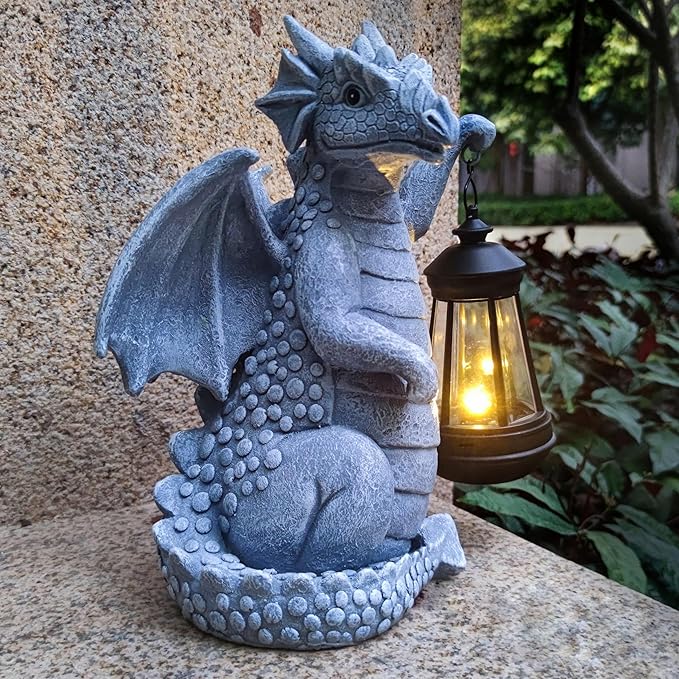 Qobumy Solar Dragon Garden Statue Decoration with Solar Lantern,Dragon Figurine Lights Outdoor Décor for Yard，Lawn ,Patio, Balcony, Unique Housewarming Ornament