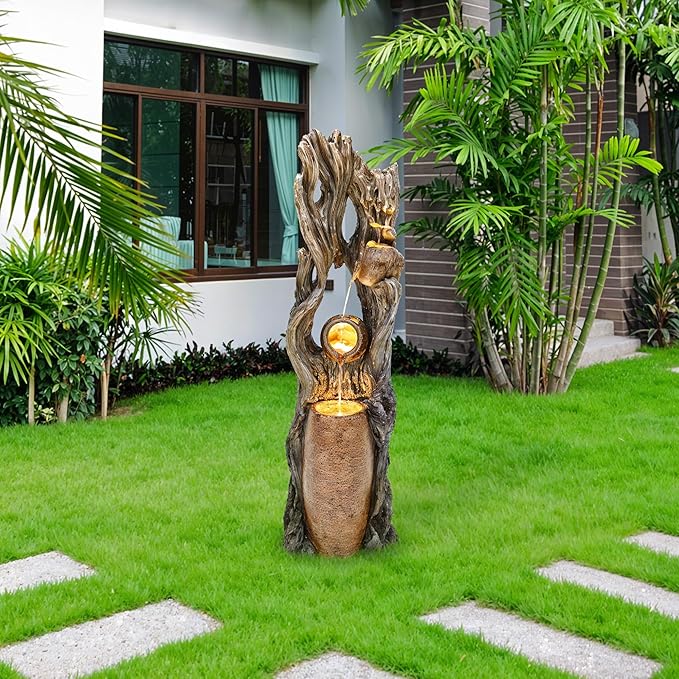42.7in Tall Outdoor Water Fountain with LED Lights, 3-Tier Rainforest Waterfall Tree Trunk and Jar Garden Fountain, Ideal for Serene Relaxing Patio, Yard or Porch