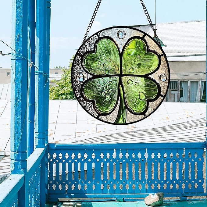 AMDERVEN Stained Glass Window Hanging - St. Patrick's Day Green Irish Themed Gifts Sun Catcher Door Home Clover Decor Suncatcher Christmas Mother's Day Birthday Gifts for Women Men Mom Nana 15 in