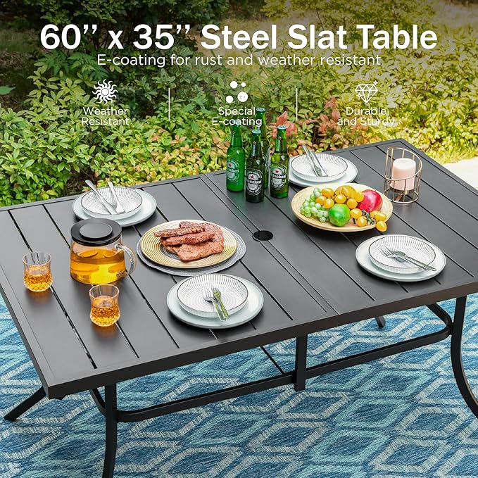 PHI VILLA 7 Pieces Outdoor Patio Dining Set for 6, 59”Rectangular Metal Steel Table with Umbrella Hole & Stackable Wrought Iron Chairs, Outside Furniture Set for Deck, Porch, Backyard
