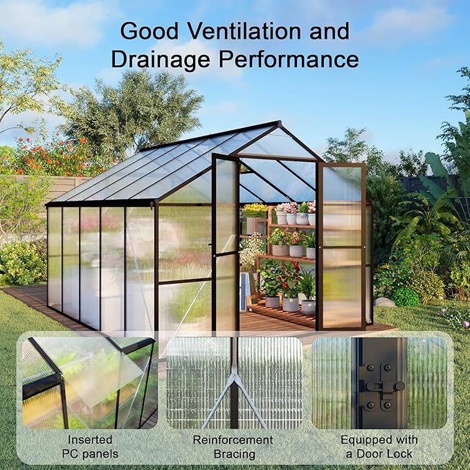 8X10 FT Greenhouses for Outdoors, Aluminum Large Polycarbonate Greenhouse, Quick Setup Walk in Green House with Roof Vent and Swing Lockable Door for Outside, Black (119" W x 96" D x 77" H)