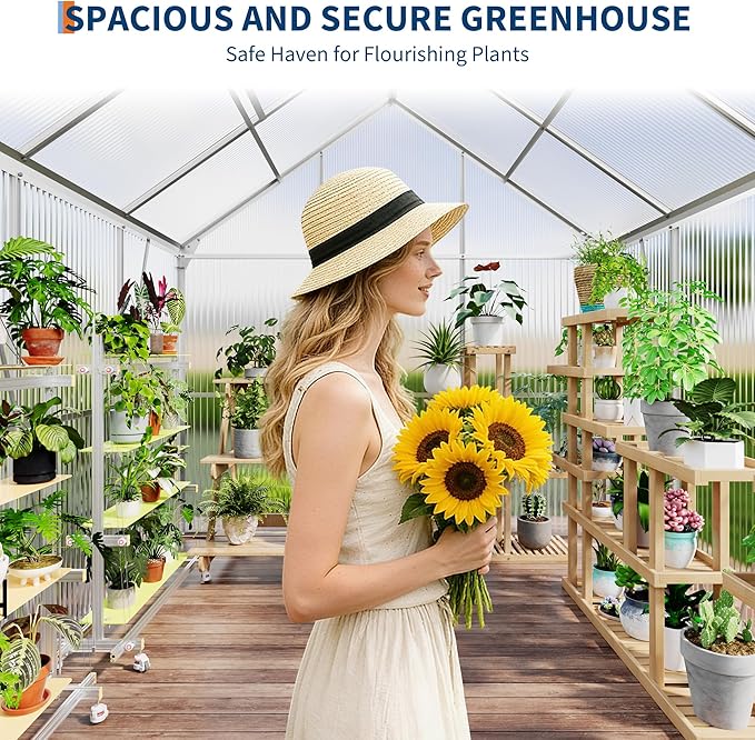 CABIHOME 6 x 6 FT Greenhouses for Outside, Polycarbonate Greenhouse with Aluminum Frame, Sliding Door, Adjustable Roof Vent, Backyard Green Houses, Patio Garden, Silver