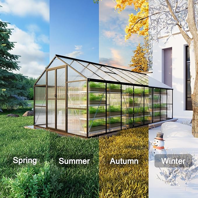 8X16 FT Greenhouse, Walk in Greenhouse with Roof Vent and Rain Gutter, Quick Setup Aluminum Large Polycarbonate Greenhouses for Outdoor Backyard Garden, Black (189" W x 96" D x 77" H)