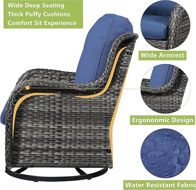 Rilyson Wicker Rocking Chair Swivel Chairs - 3 Piece Rocker Patio Furniture Set Rattan Rocking Bistro Sets with Glass Top Side Table for Outdoor Porch Deck Garden Backyard (Mixed Grey/Blue)