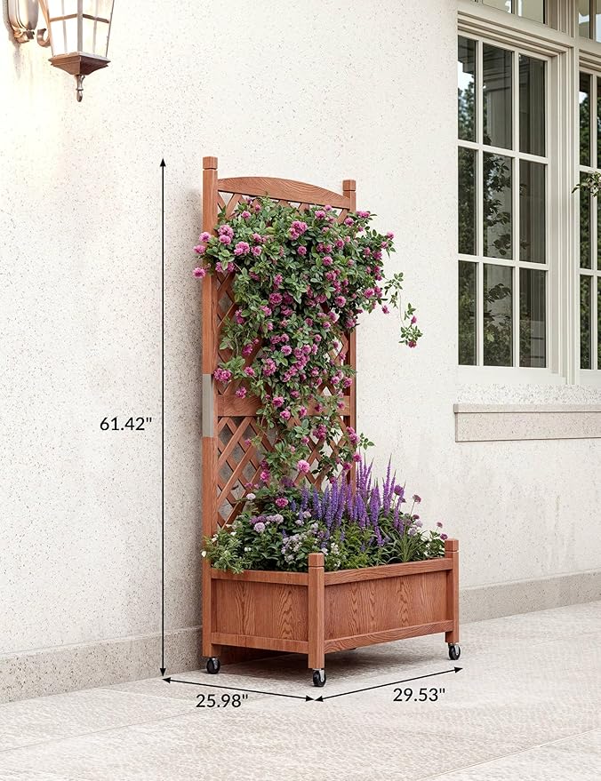 1 PCS Wooden Planter Box with Trellis, 29.5x13x61.5 in – Elevated Raised Garden Bed with Drainage Holes & Locking Wheels – Perfect for Outdoor, Balcony, or Indoor Gardening – Quick Assembly