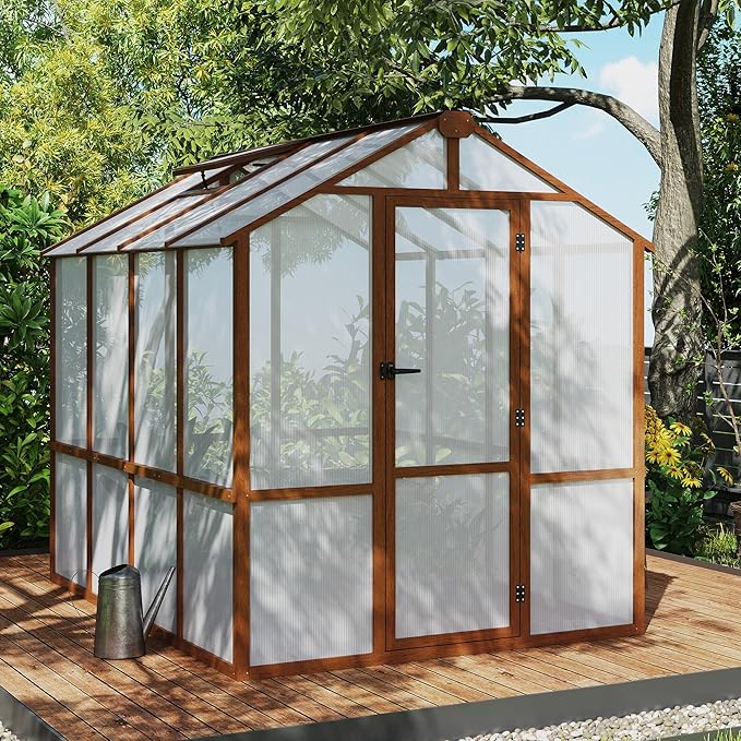 Large Walk in Greenhouse for Outdoors, 6x8 FT Length Heavy Duty Polycarbonate Panel Wooden Frame with Roof Vent & Lockable Outward-Opening Swing Door, All Season Garden Greenhouse for Backyard Patio