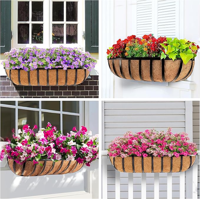 2pcs 24" Window Box Deck Railing Planter with Coco Liner, Metal Hanging Flower Planter Window Basket, Wall Planters Boxes with Horse Trough Coco Liner for Outdoor Indoor Balcony Porch Fence
