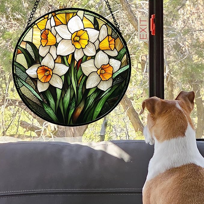 AMDERVEN Stained Glass Window Hanging, Yellow and White Daffodils Sun Catcher for Door Home Decor Plants Flowers Suncatcher Christmas Mother's Day Birthday Gifts for Women Men Mom Nana 9.8 in