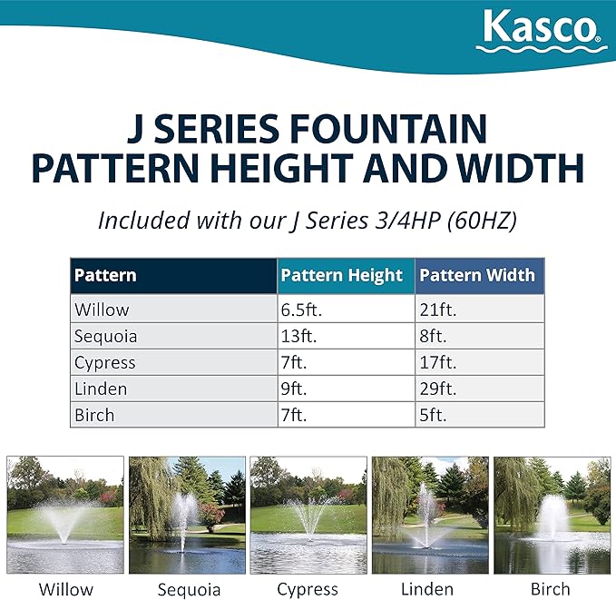 Kasco 3/4 HP J Series Decorative Fountain - 240V With Electric Power Cord of Various Lenghts| Pond and Lake Fountain | Efficient Pond Aerator Outdoor Fountain