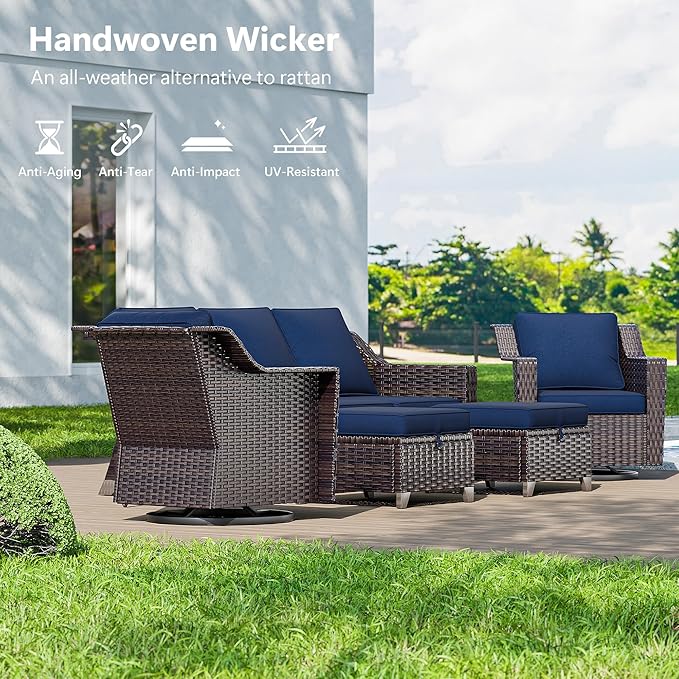 Outdoor Swivel Chairs Set of 2, Luxury Wicker Patio Chair with Wide Armrest, Thickened Cushions, Outdoor Rattan Furniture for Deck, Porch Use