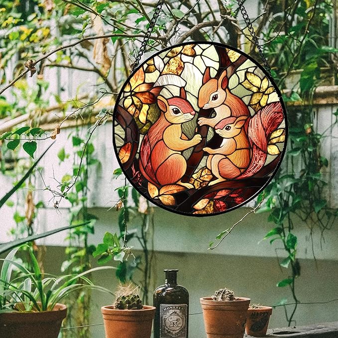 Stained Glass Window Hanging - 3 Cute Squirrels Suncatcher for Doors Garden Patio Sun Catchers Decor Christmas Mother's Day Teenager Birthday Gifts for Women Men Mom Nana Friend 7.8 in