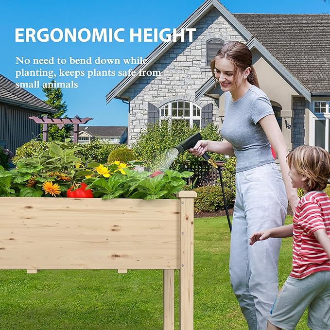 72x23x30in Raised Garden Bed with Legs, Outdoor Elevated Wood Planted Box with Divider Panel & Drainage Hole for Vegetable Flower, Backyard and Patio, Natural