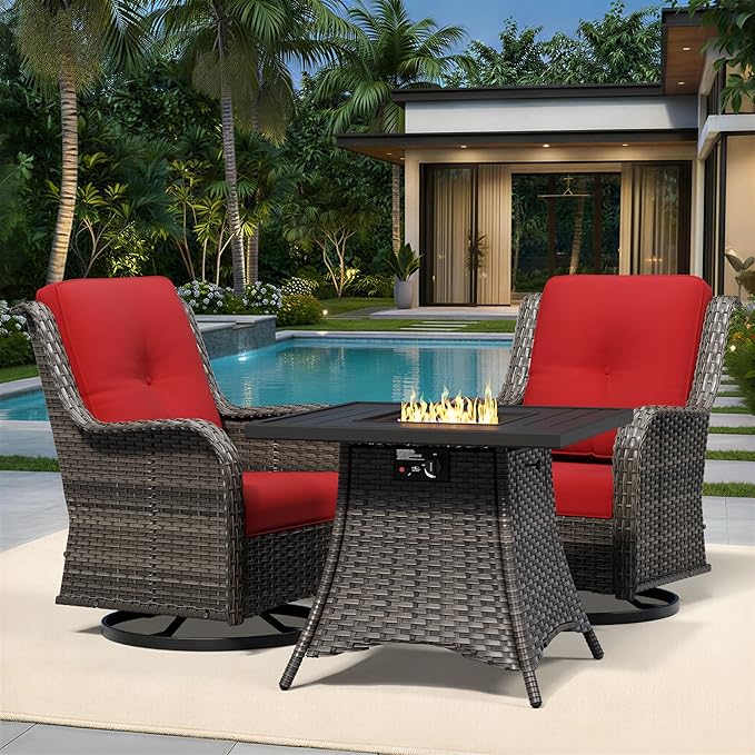 Joyside 3 Piece Wicker Patio Furniture Set with Fire Pit Table, Outdoor Swivel Rocker Patio Chairs with High Back, Deep Seating, Wide Armrest, Thickened Cushions, Outdoor Furniture for Deck, Porch Use