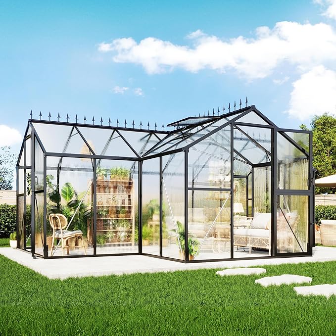 AMERLIFE 16.8x12x7 FT Greenhouse for Ourdoors, Quick-Lock Assembly, Aluminum Frame with 2 Vents, 2 Doors, and Walk-in Design for Garden or Backyard, Black