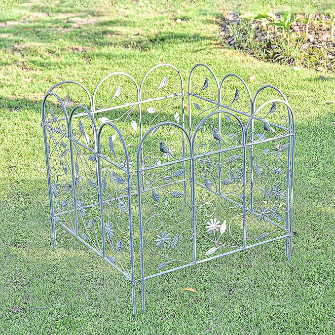 Sungmor 25in x 8ft Metal Garden Fence Border, Rustic Style Decorative Garden Fence Animal Barrier, Landscape Pathway Edge Iron Picket Fence Panels, Plant Support Climbing Trellis, Pack of 4