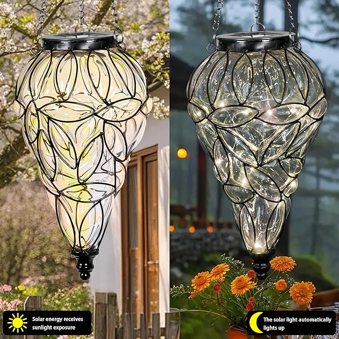 Naboher Solar Hanging Lantern Outdoor Garden Lights, Tear-Shaped Glass and Metal Hanging Lantern, 15 Firefly LED Lights, 7 x 24 Inch (Clear)