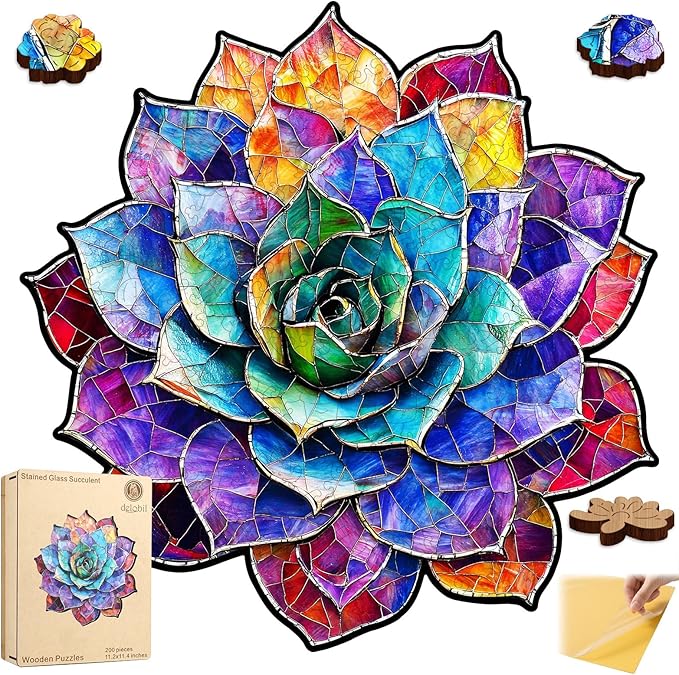 Delobil Stained Glass Succulent Wooden Puzzles for Adults, 200 Pieces Mandala Jigsaw Puzzles, Unique Shaped Medium Size Wood Puzzle Gift for Kids, Family Game 11.2'' x 11.4''