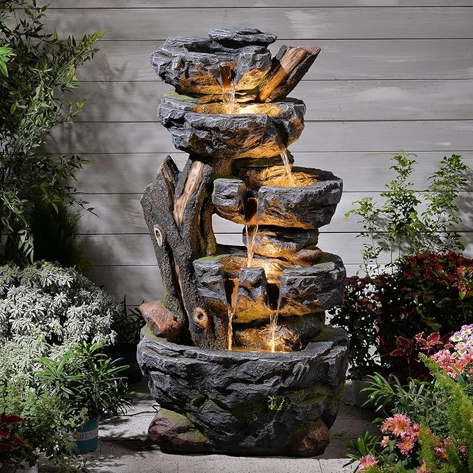 47.2" H Large Water Fountain Outdoor - 5 Tiers Cascade Floor Standing Rock Wood Like Waterfall Fountain with LED Lights for Garden Patio Backyard Porch Home Decor