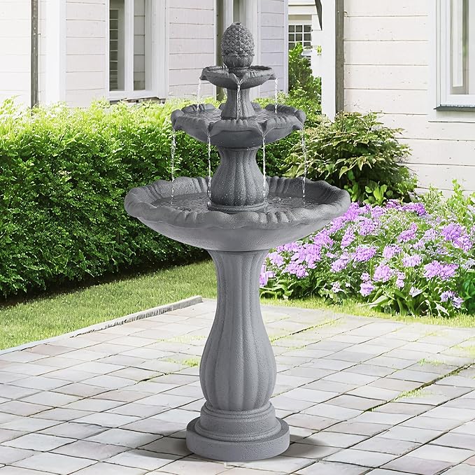 MAGIC UNION Garden Water Fountain Outdoor, 47.3" High Large Roman Italian Indoor Waterfalls, 3-Tier Standing Water Feature Fountains w/Pump & Pineapple Top for Outside Patio, Yard and Lawn (Gray)