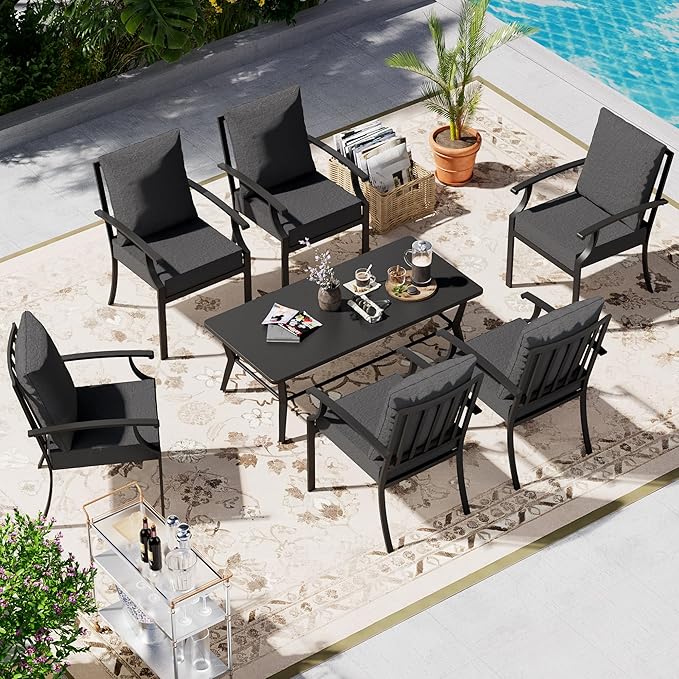 7-Piece Patio Furniture Set, Outdoor Furniture with All-Iron Rectangular Coffee Table and 6 Chairs with Thick Cushions, Metal Patio Table and Chairs Set for lawns, Patios and Backyards,Grey.