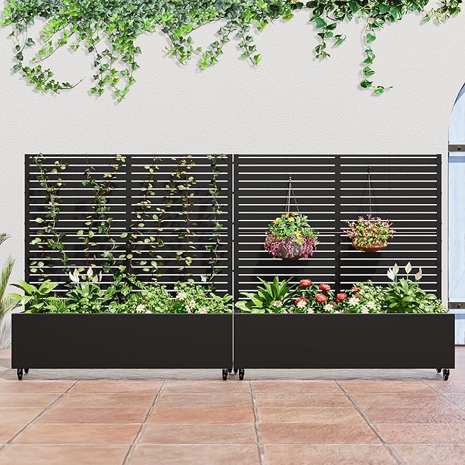 Casaphoria Metal Raised Garden Bed with Trellis and Wheels, 47"x47"x16" Planter Box for Climbing Plants, Vegetables & Vines, Features Drainage Holes and Privacy Screen (Black-Louvered)